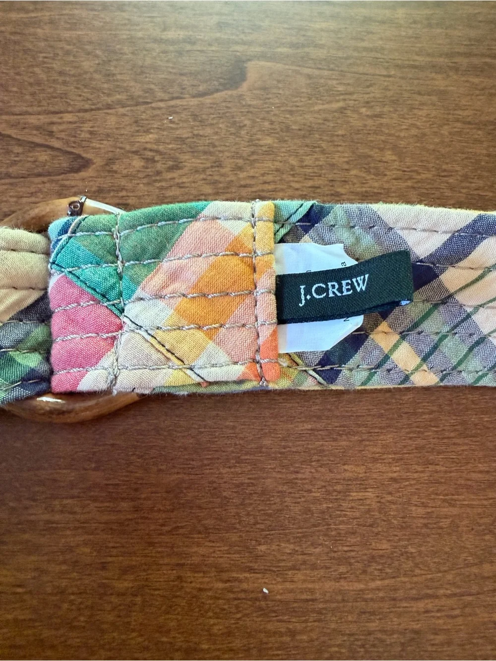 J. CREW Madras Plaid Patchwork Cotton Belt Bamboo Buckle, Multi Color | SM/MED - Picture 3 of 7